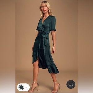 Lulus Wrapped Up in Love Dark Green Satin Faux-Wrap Midi Dress
